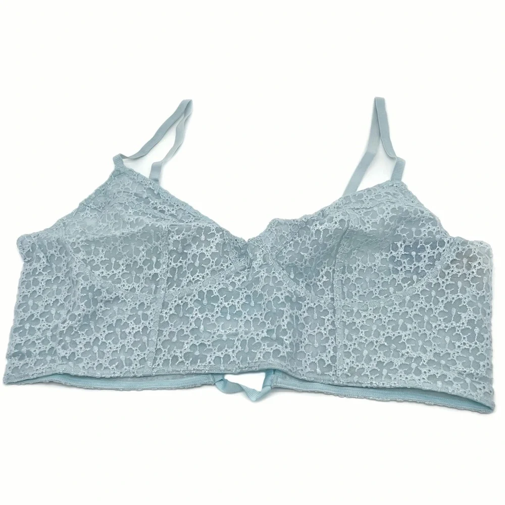 Free People Women's Floral-Embroidery Lace Long Line Bra Light Blue Size Large